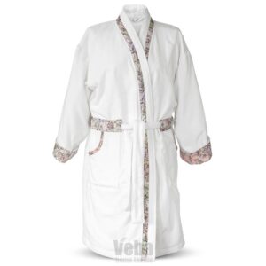 Luxury BATHROBE, white with flowers, size M cotton 100%