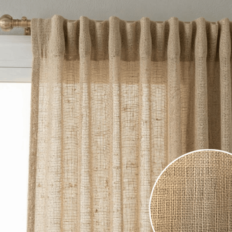 Semi sheer beige Charlotte curtain 200x290cm with light textured fabric hanging on curtain rod
