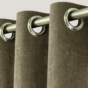 Khaki dimout curtain ISABELLE 140x290 cm hanging in a modern living room, soft light-blocking fabric with elegant drape.