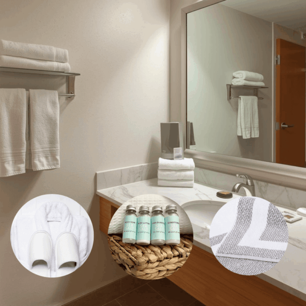 Hotel bathroom featuring neatly arranged towels, with three smaller images below showing bath mats, bathrobes and slippers, and hotel guest amenities."