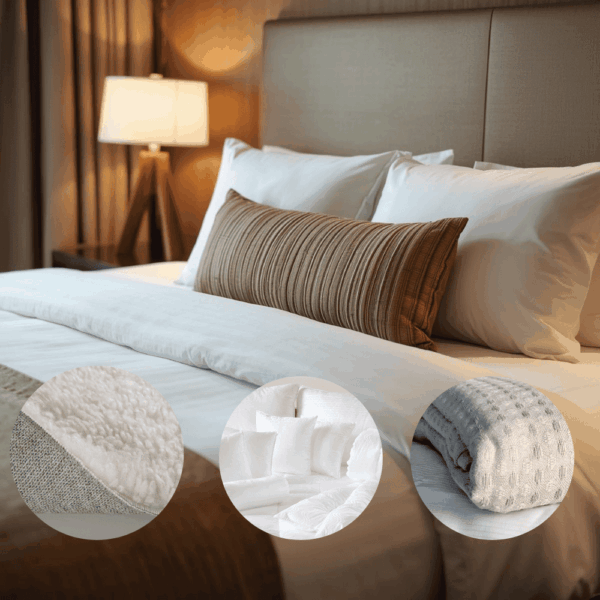 Hotel bedroom featuring a neatly made bed, with three smaller images below showcasing hotel bedding products including blankets, mattress protectors, bed sheets, and pillows offered by HP Design."