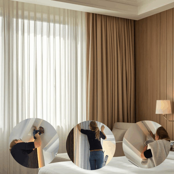 Collage showing a hotel room with a fitted curtain in the main image and three smaller images below depicting curtain installation and fitting process by technicians."