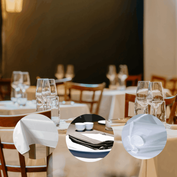 Restaurant dining area by HP Design with a set table, featuring three smaller images showing napkins, tablecloths, and other dining textiles."