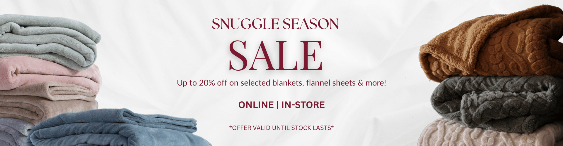 Snuggle Season Sale banner – up to 20% off blankets, flannel bedding and winter essentials at HP Design Shop