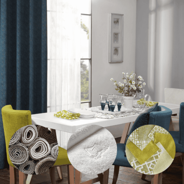 Soft furnishings and décor by HP Design, featuring decorative interior fabrics with three smaller images showing upholstery fabrics, embroidery services, and carpets."