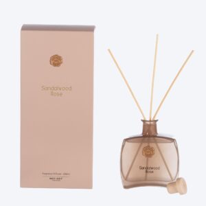 Sandalwood Rose reed diffuser with elegant citrus, rose, iris, and warm woody fragrance notes.