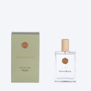 Serene Wood room freshener spray with fresh eucalyptus and warm woody fragrance notes.