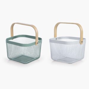 Vista decorative metal basket with wooden handle for stylish home organisation and storage.