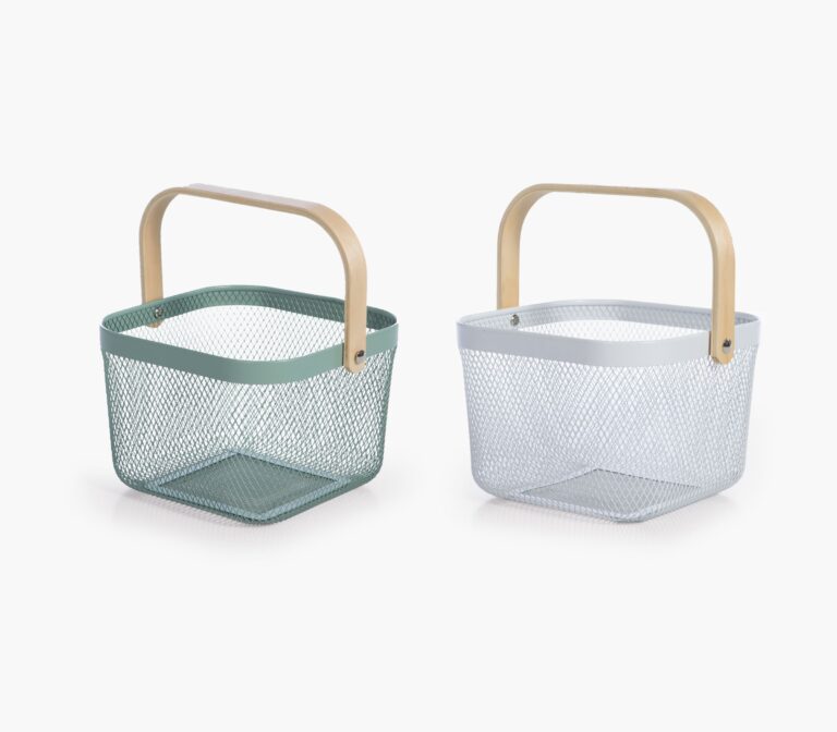 Vista decorative metal basket with wooden handle for stylish home organisation and storage.